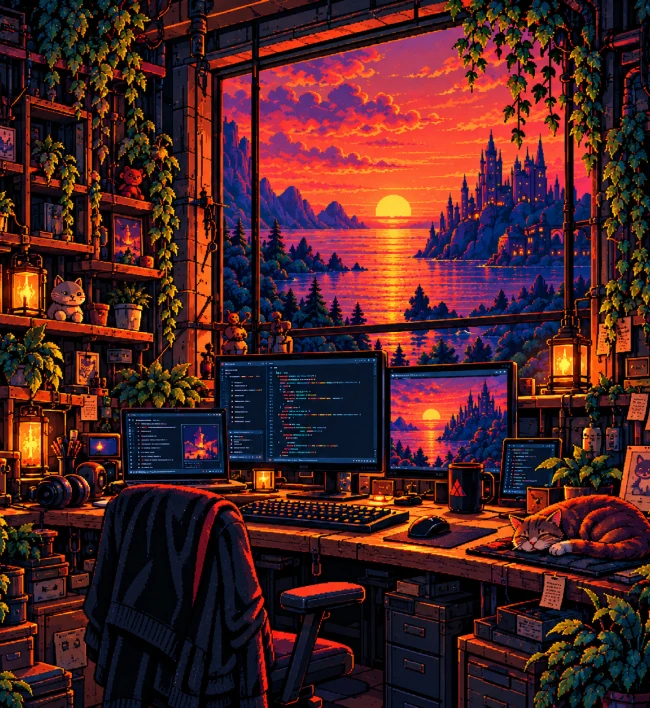 Pixel-art developer studio at sunset with monitors and a sleeping cat