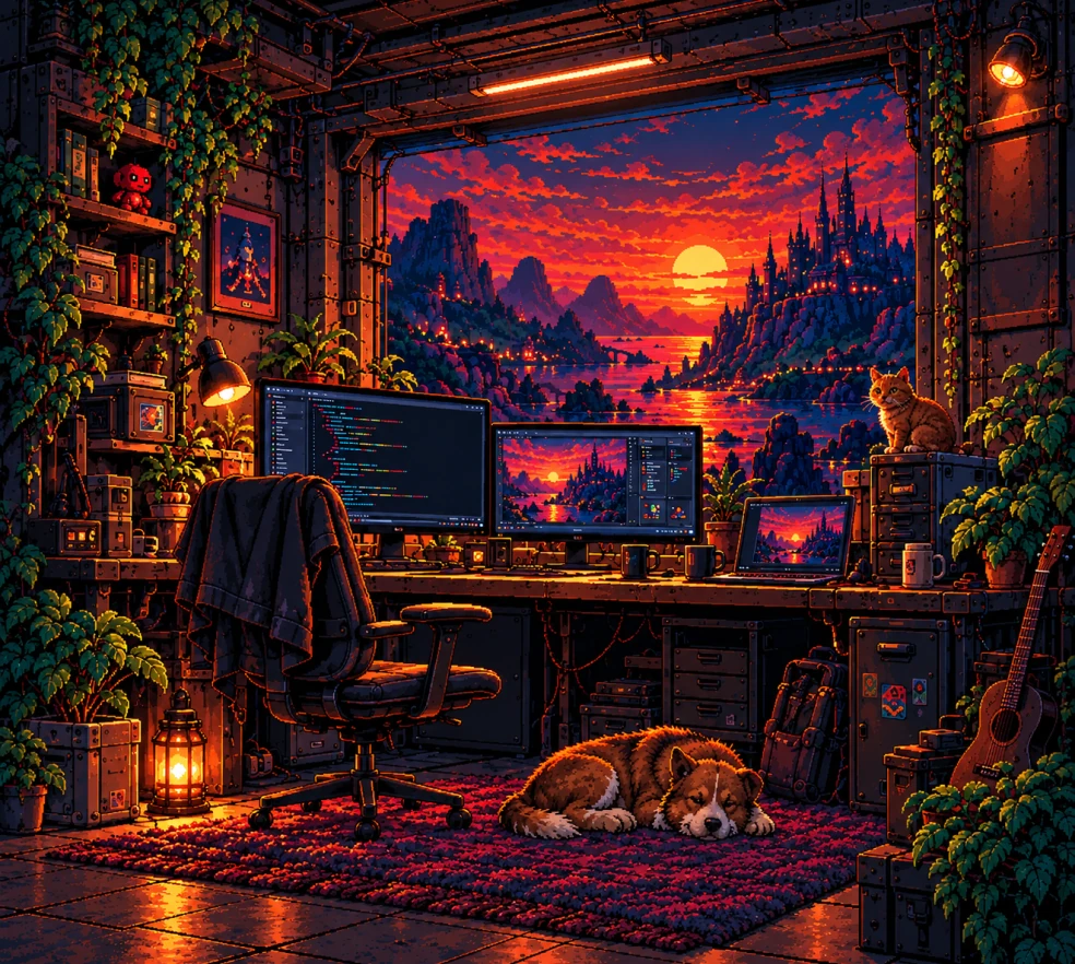 Pixel-art studio workshop at sunset: monitors, a cat on the cabinet, and a sleeping dog on the rug